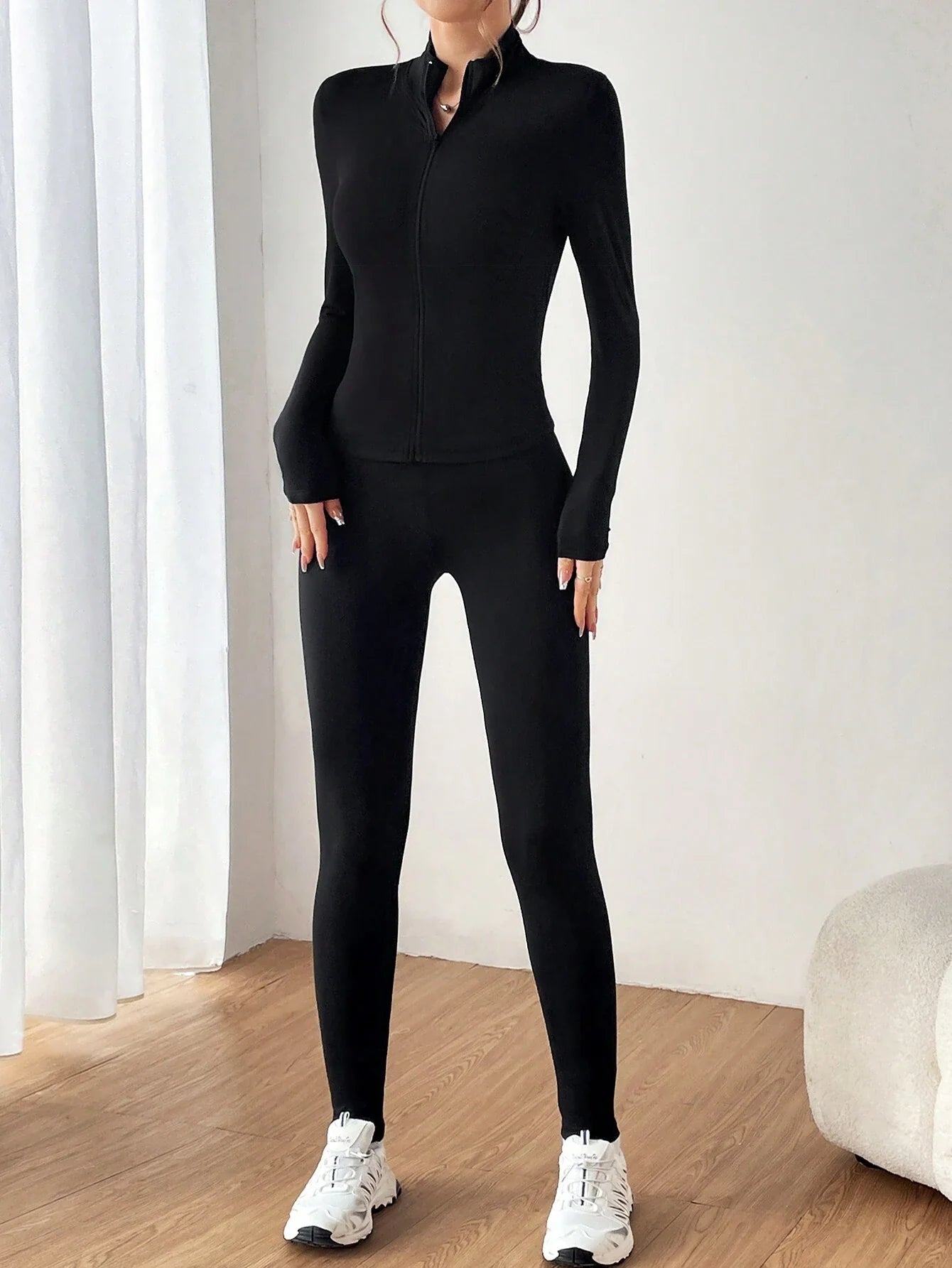 Buy SHEIN EZwear Black Two Piece Set Sportswear Zip Up Jacket & Leggings in Pakistan