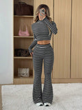 Buy SHEIN EZwear Black & White Striped Long Sleeve Turtleneck Top And Flared Pants Set in Pakistan