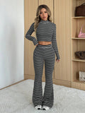 Buy SHEIN EZwear Black & White Striped Long Sleeve Turtleneck Top And Flared Pants Set in Pakistan