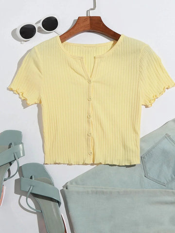 Buy SHEIN EZwear Button Front Lettuce Trim Crop Top in Pakistan