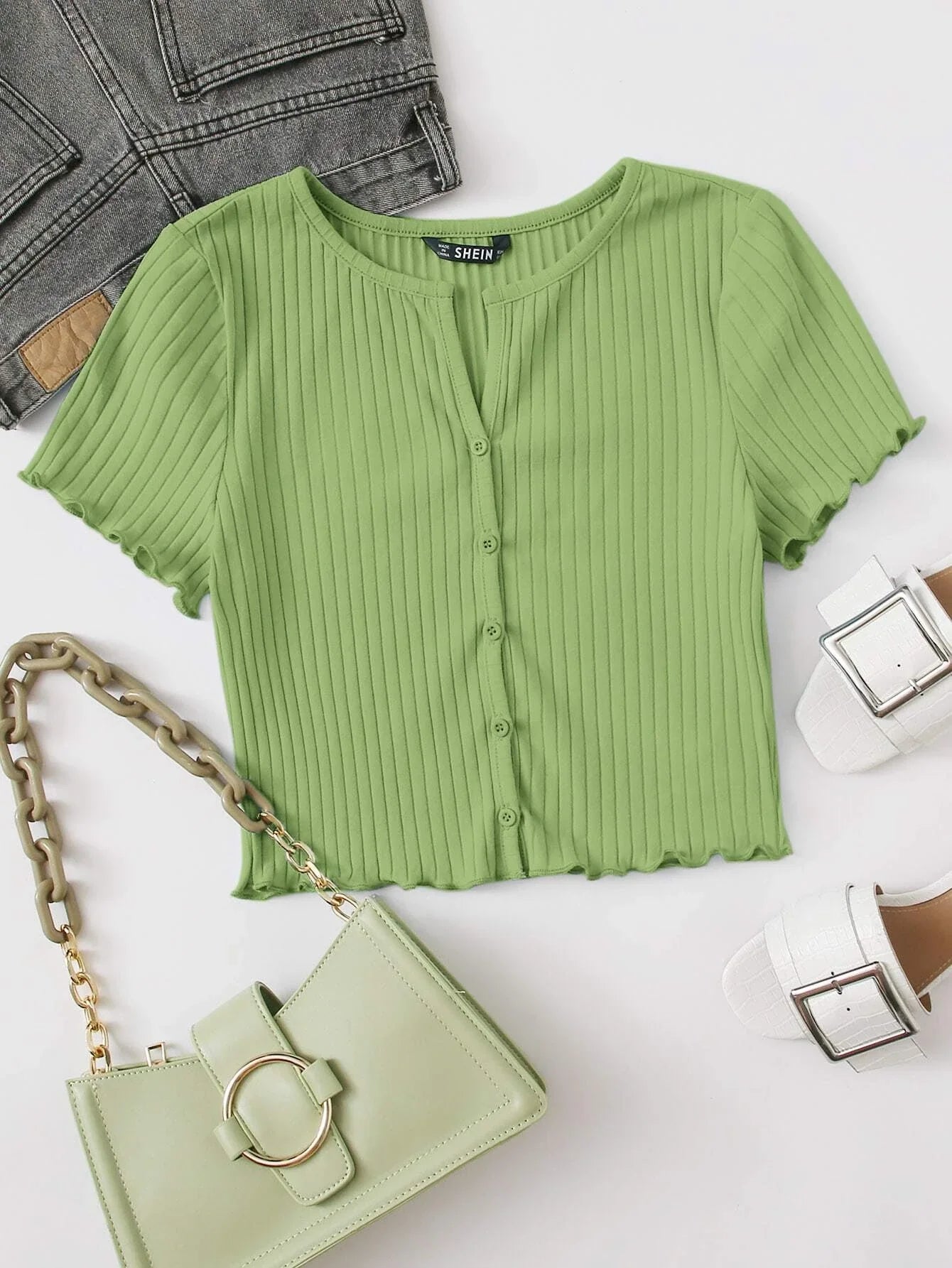Buy SHEIN EZwear Button Front Lettuce Trim Rib-knit Tee in Pakistan