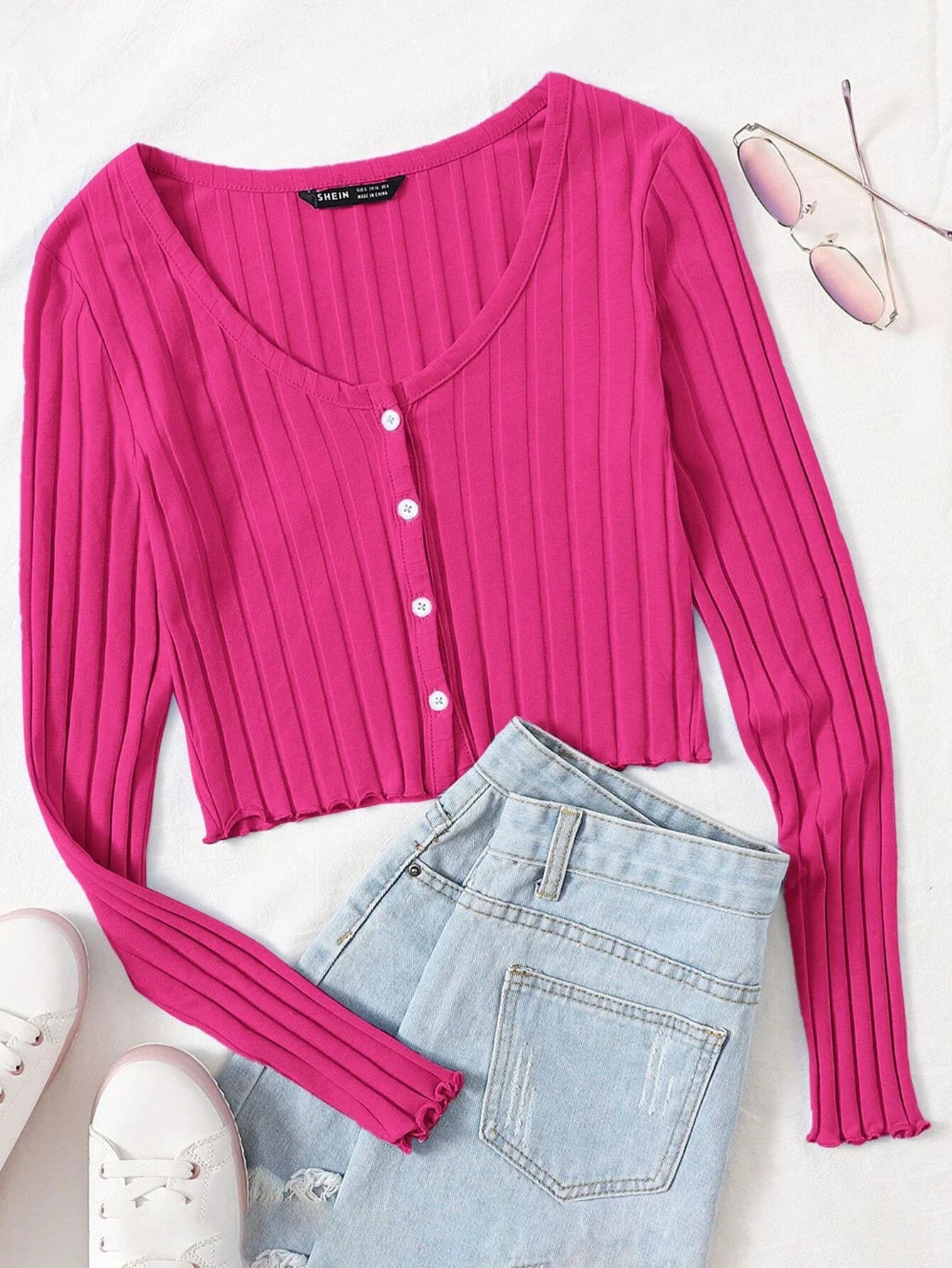 Buy SHEIN EZwear Buttoned Front Lettuce Trim Rib-knit Top in Pakistan