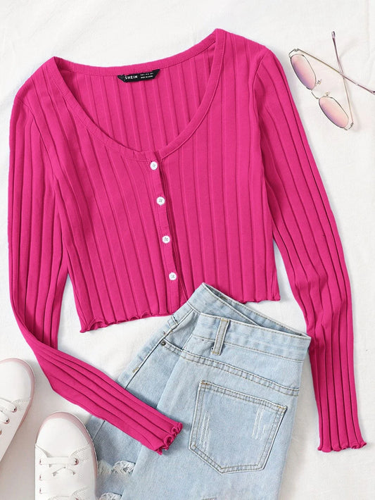 Buy SHEIN EZwear Buttoned Front Lettuce Trim Rib-knit Top in Pakistan