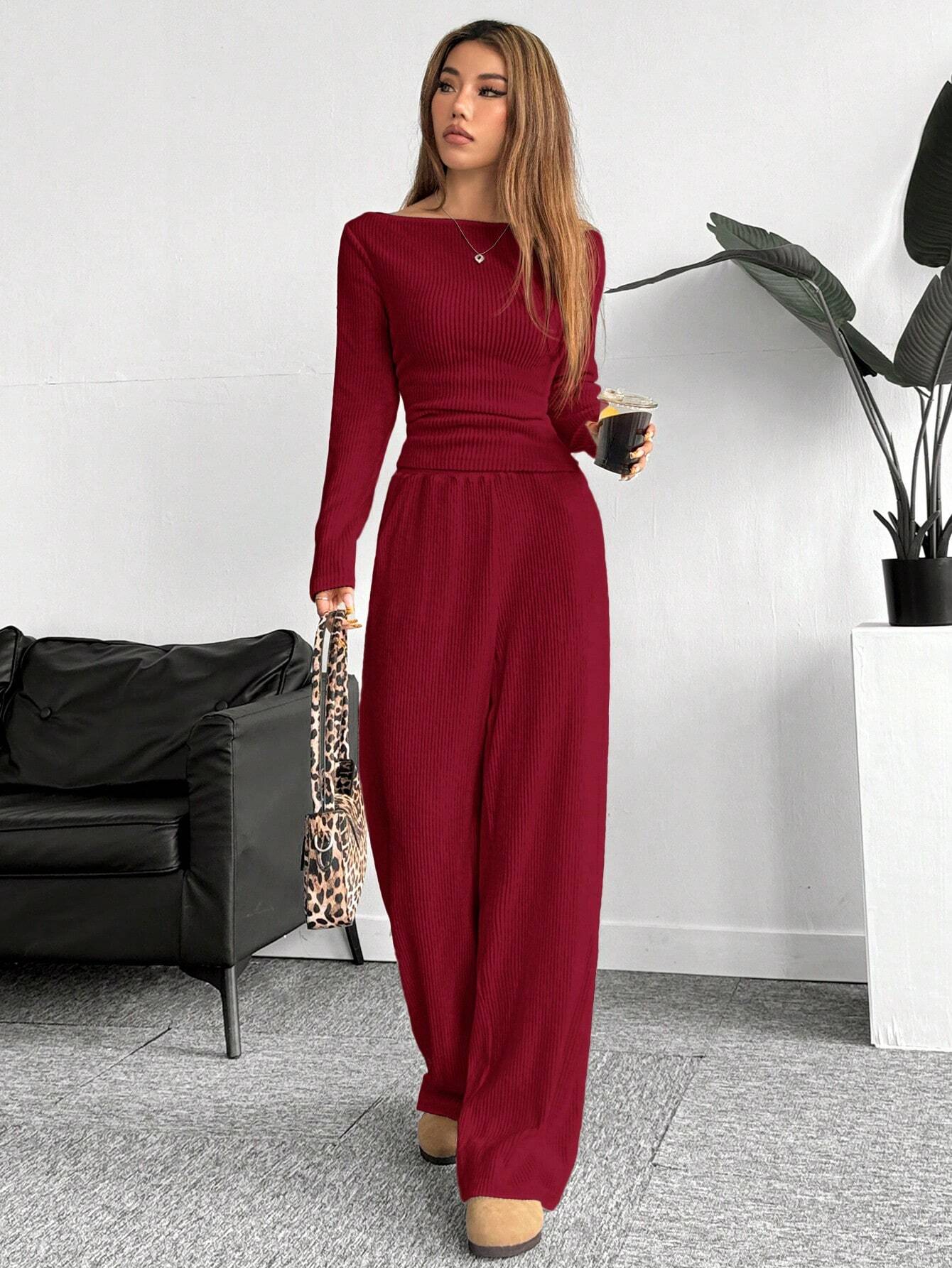 Buy SHEIN EZwear Red Knitted Women Bodysuit Set in Pakistan