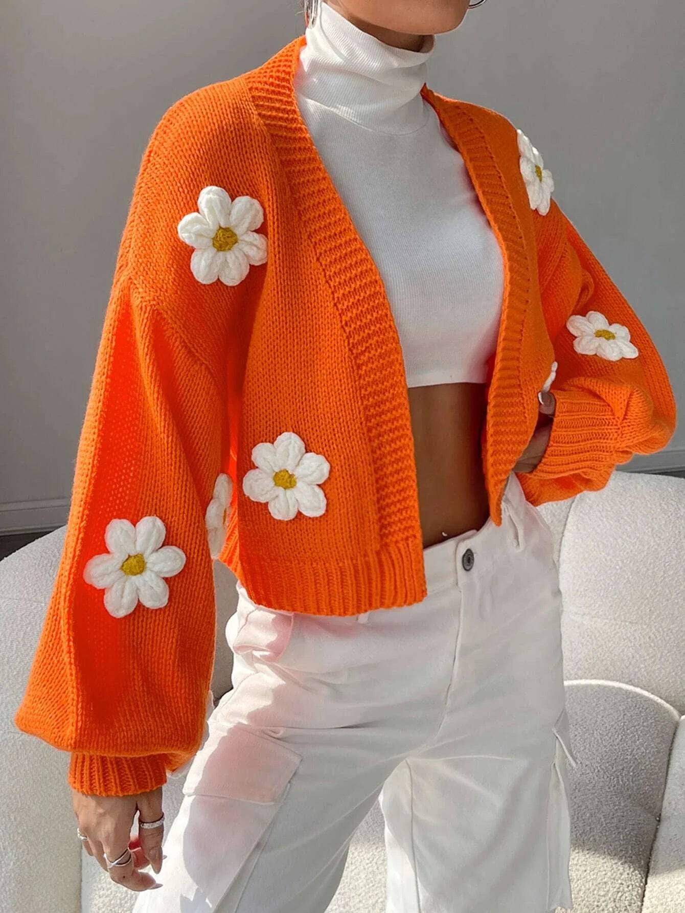 Buy SHEIN EZwear Floral Applique Bishop Sleeve Crochet Cardigan in Pakistan