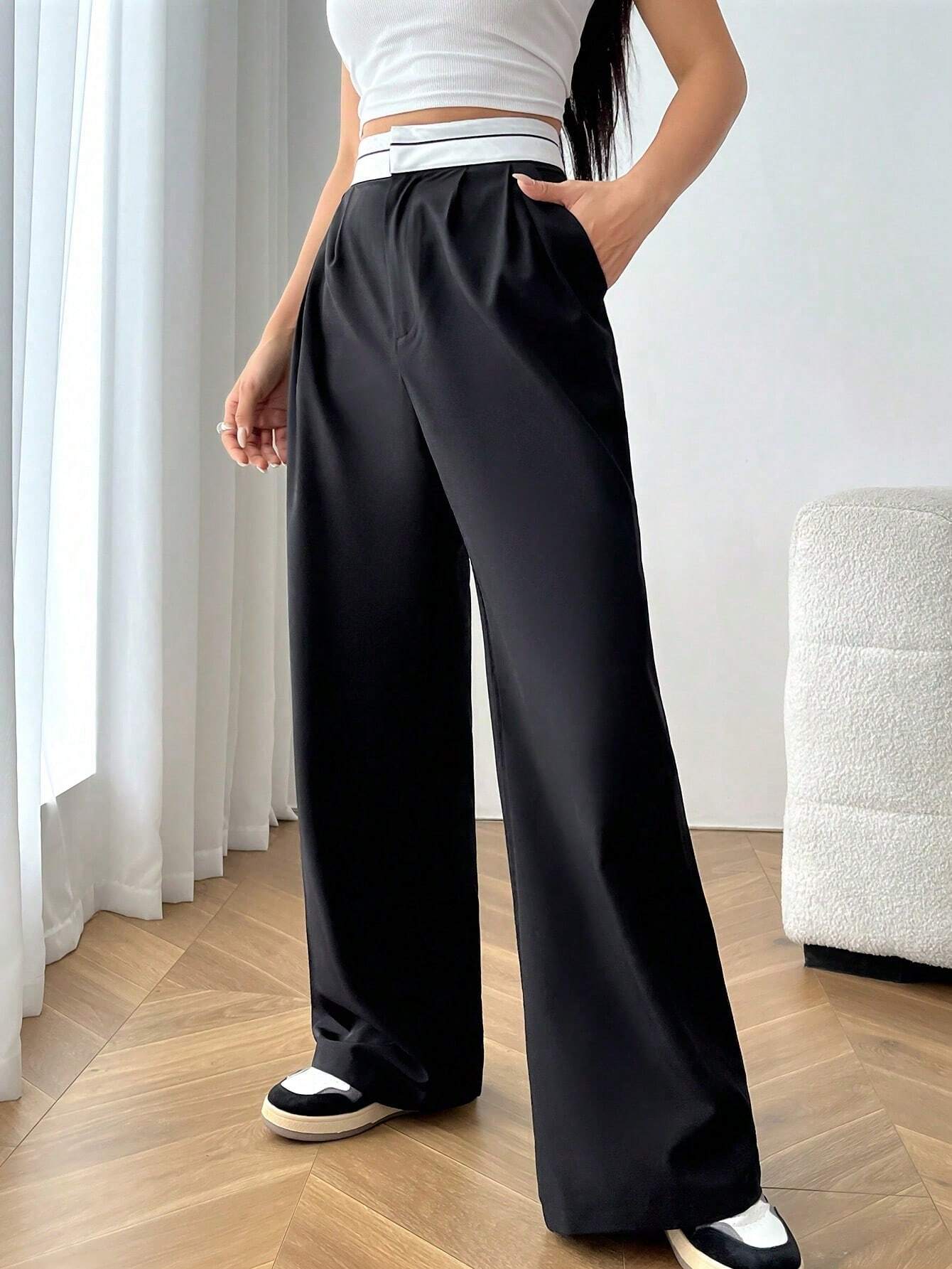 Buy SHEIN EZwear High Waist Plicated Detail Wide Leg Suit Pants in Pakistan