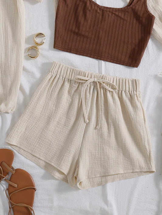 Buy SHEIN EZwear Knot Waist Wide Leg Shorts in Pakistan