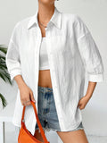 Buy SHEIN EZwear Linen Solid Drop Shoulder Button Front Beach Shirt in Pakistan