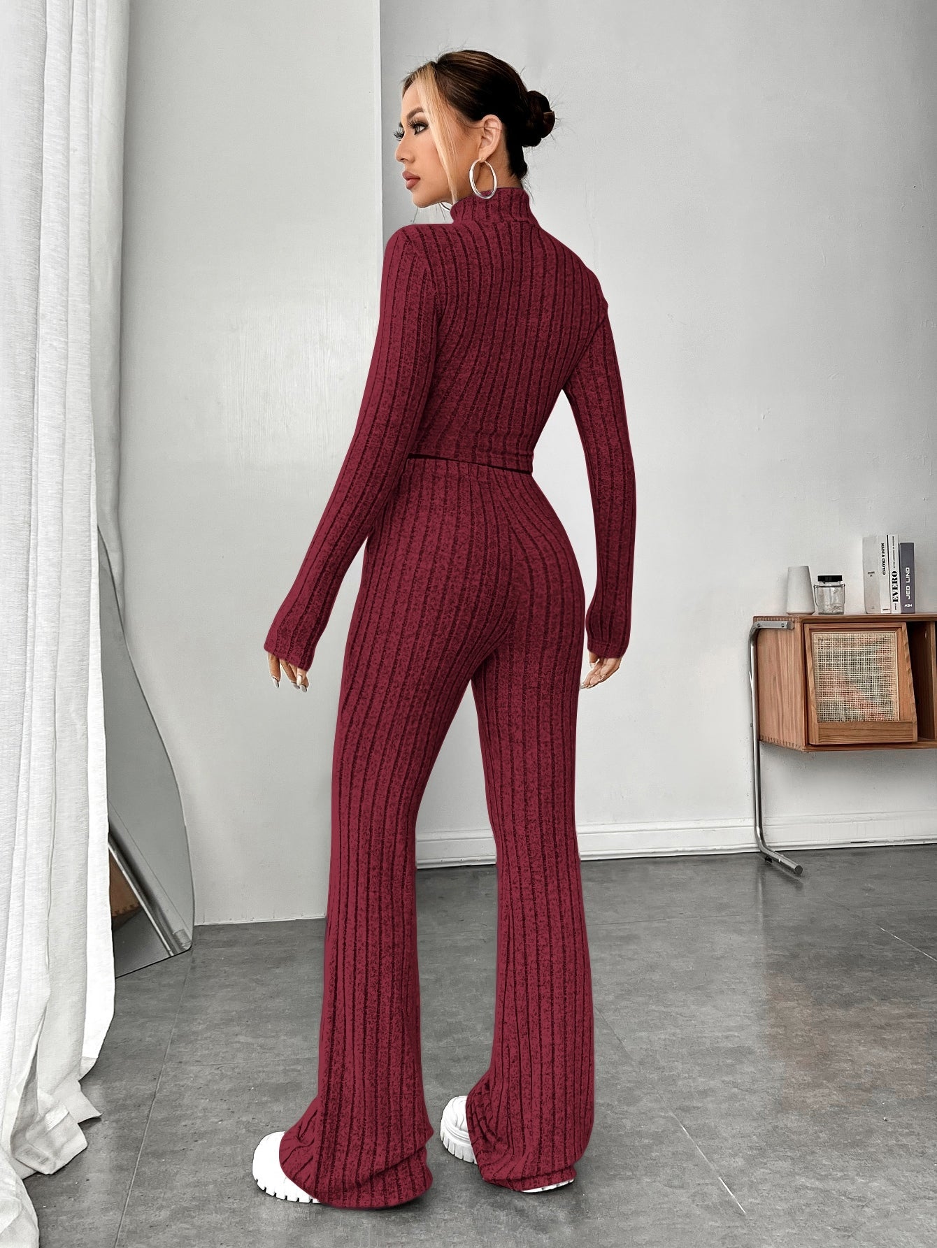 Buy SHEIN EZwear Mock Neck Crop Tee & Flare Leg Trousers in Pakistan