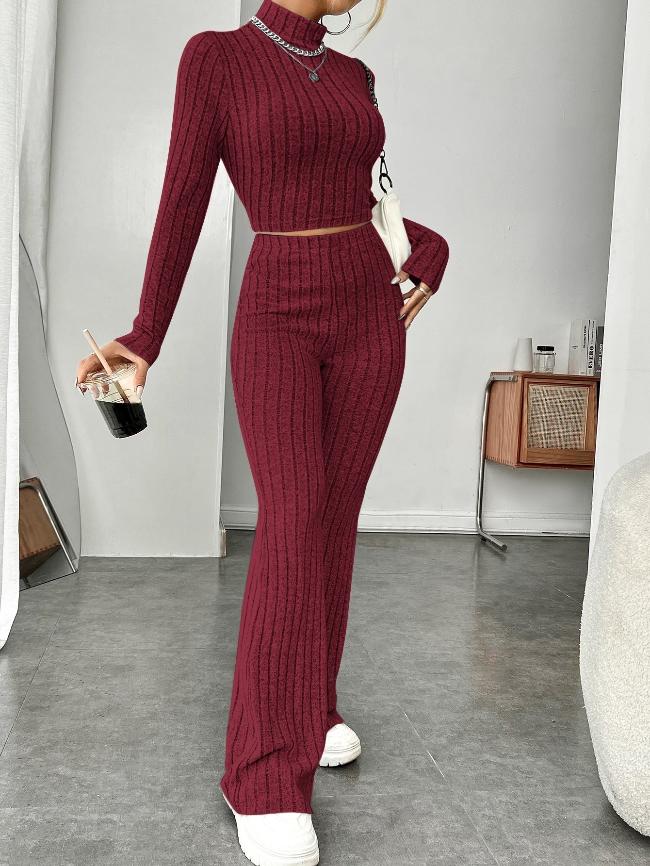 Buy SHEIN EZwear Mock Neck Crop Tee & Flare Leg Trousers in Pakistan