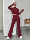 Buy SHEIN EZwear Mock Neck Crop Tee & Flare Leg Trousers in Pakistan