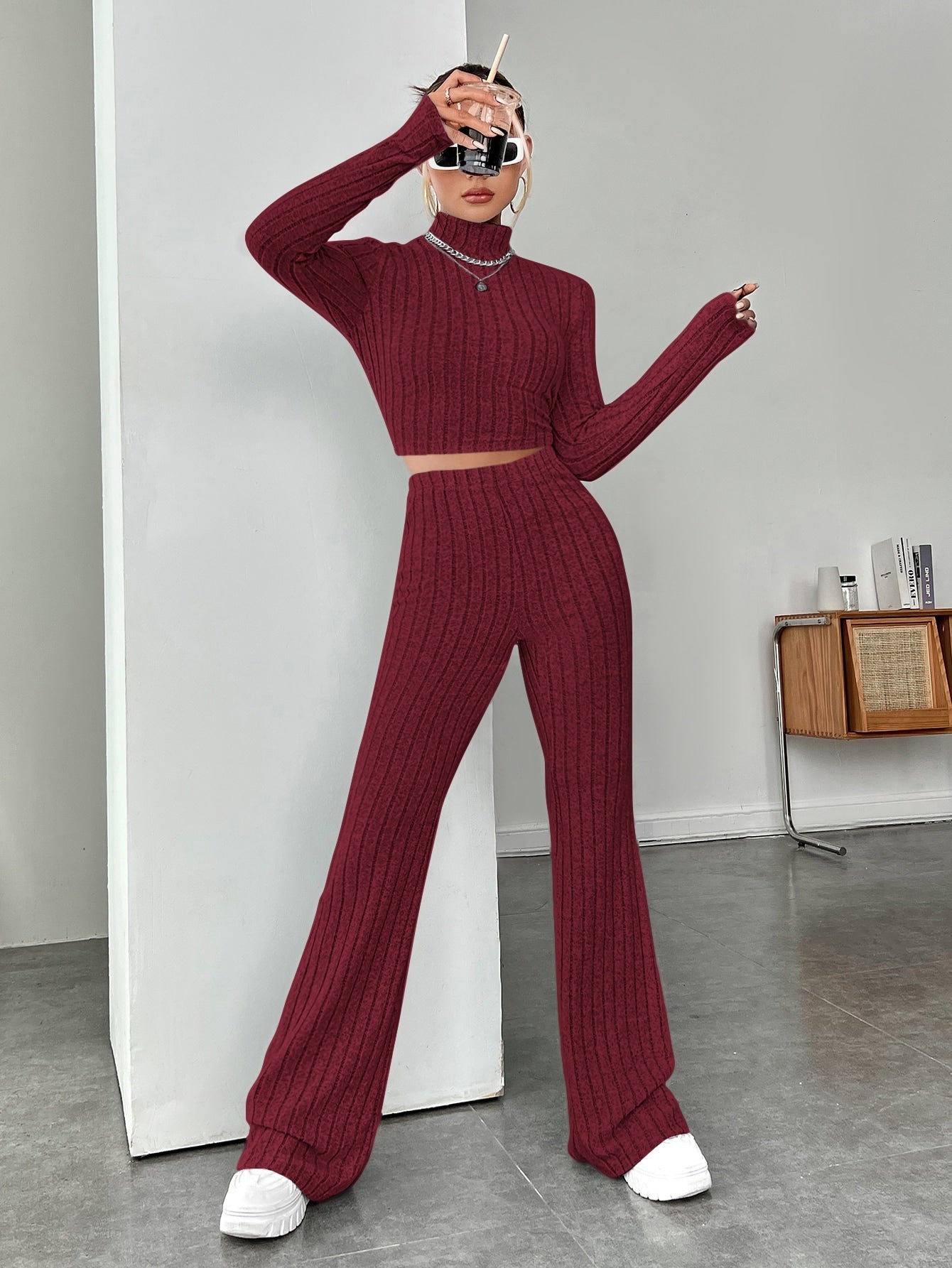 Buy SHEIN EZwear Mock Neck Crop Tee & Flare Leg Trousers in Pakistan