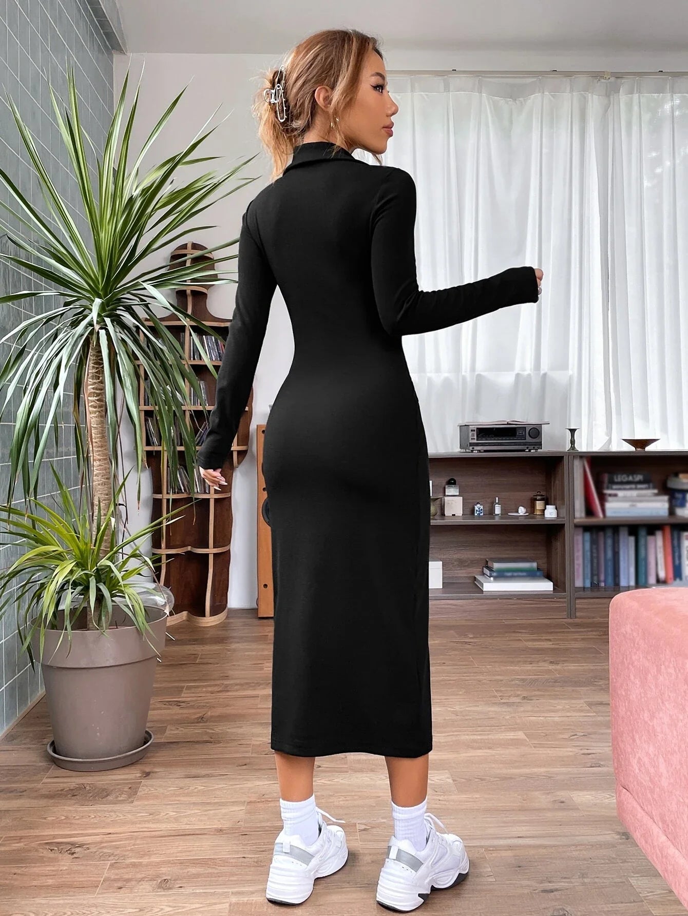 Buy SHEIN EZwear Quarter Zip Ribbed Knit Bodycon Dress in Pakistan