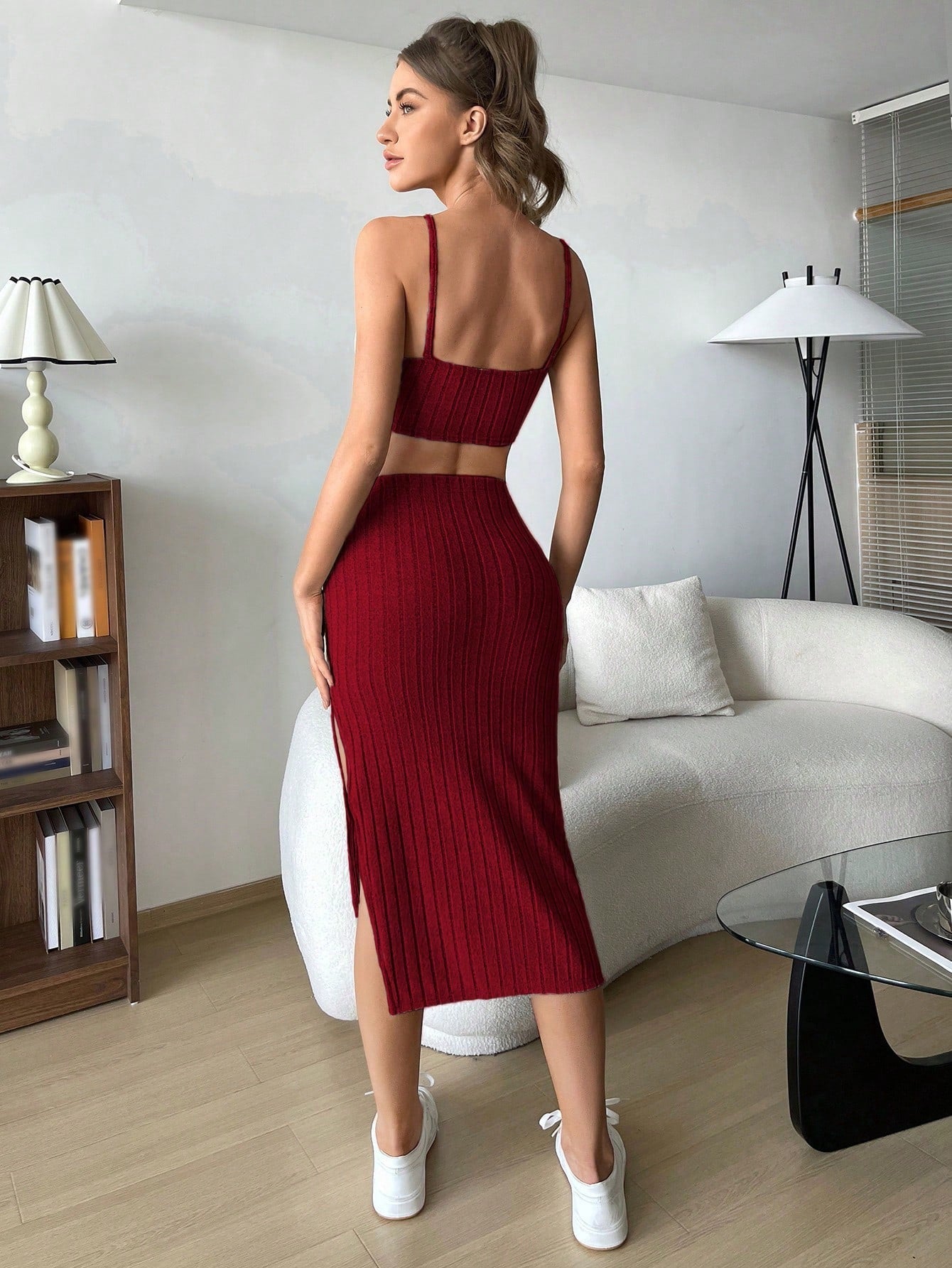 Buy SHEIN EZwear Solid Cami Top & Split Thigh Skirt in Pakistan