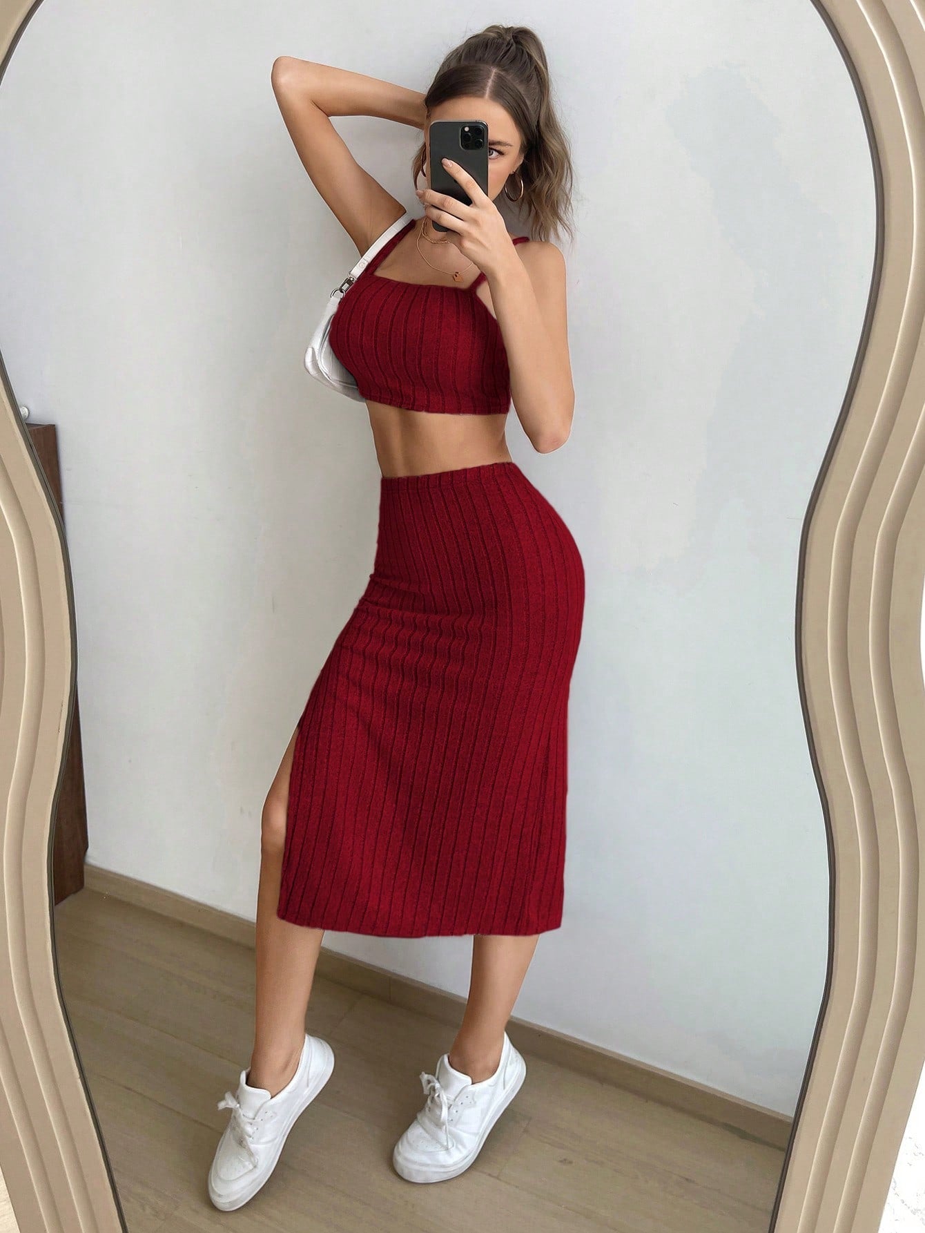 Buy SHEIN EZwear Solid Cami Top & Split Thigh Skirt in Pakistan