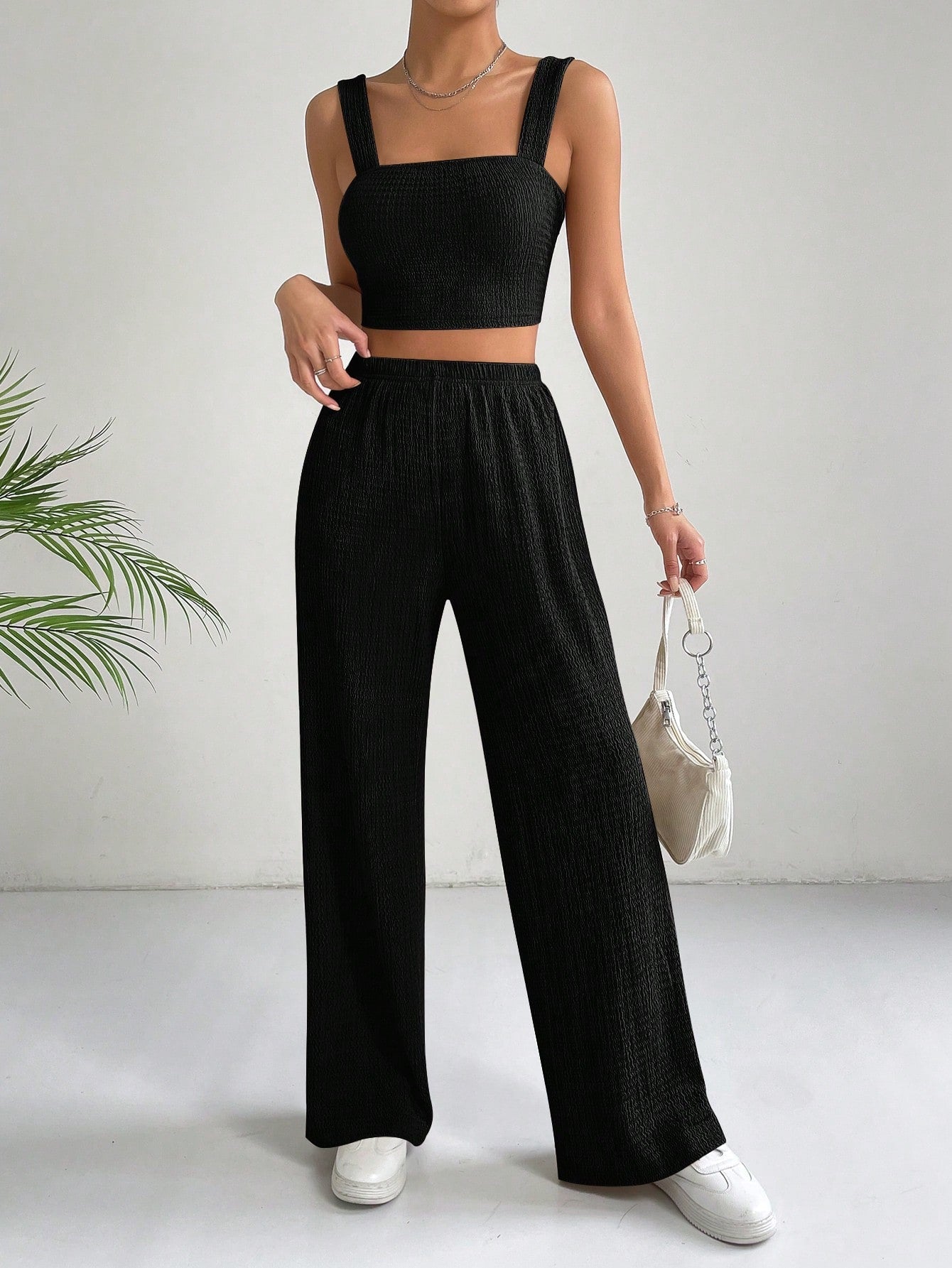 Buy SHEIN EZwear Solid Crop Cami Top & Wide Leg Pants in Pakistan