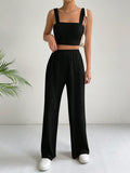 Buy SHEIN EZwear Solid Crop Cami Top & Wide Leg Pants in Pakistan
