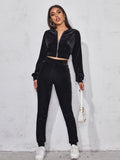 Buy SHEIN EZwear Solid Velvet Bomber Jacket & Sweatpants Set in Pakistan