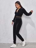 Buy SHEIN EZwear Solid Velvet Bomber Jacket & Sweatpants Set in Pakistan