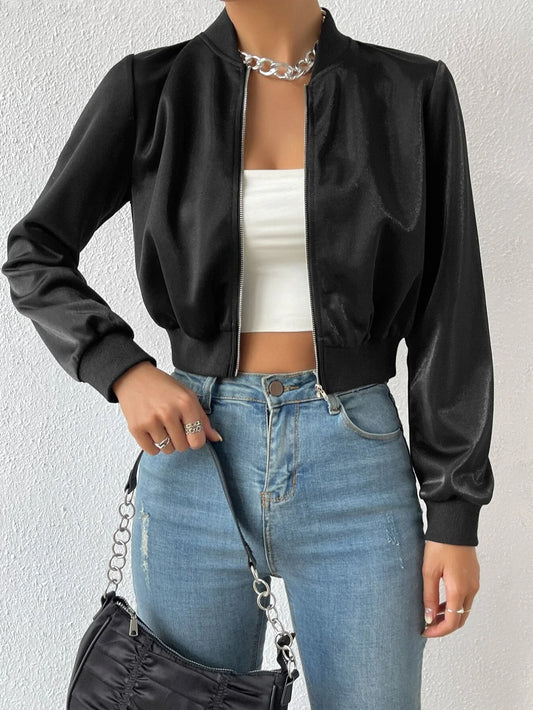 Buy SHEIN EZwear Spring ClothesSolid Zip Up Crop Bomber Jacket in Pakistan