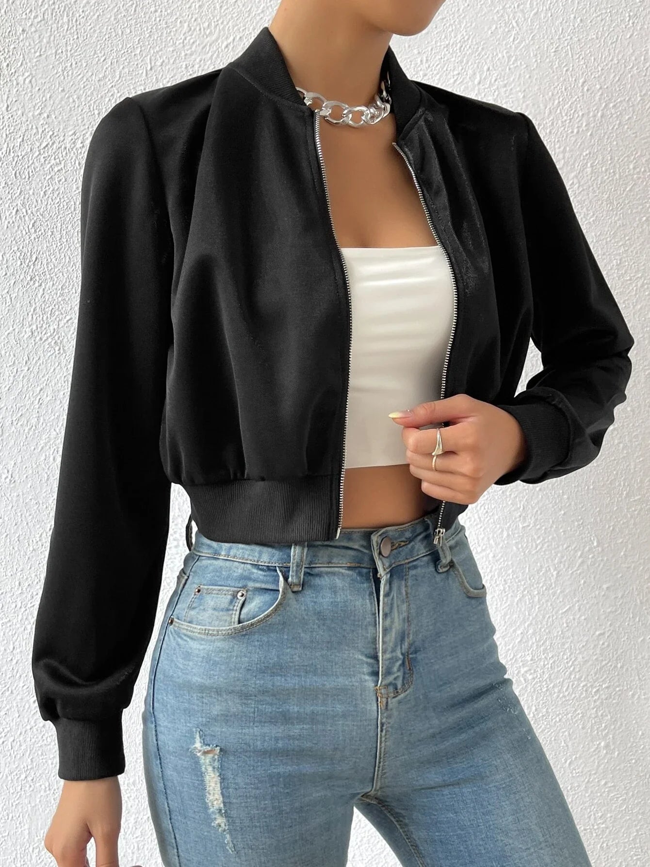 Buy SHEIN EZwear Spring ClothesSolid Zip Up Crop Bomber Jacket in Pakistan