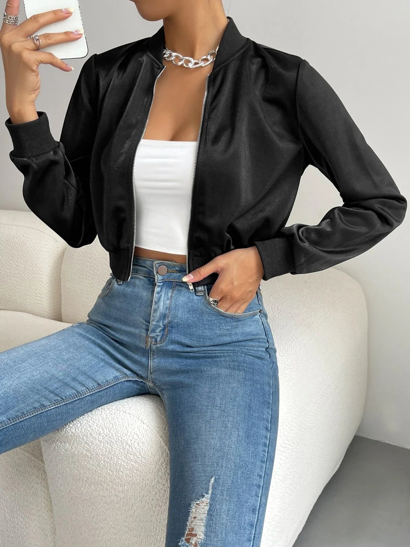 Buy SHEIN EZwear Spring ClothesSolid Zip Up Crop Bomber Jacket in Pakistan