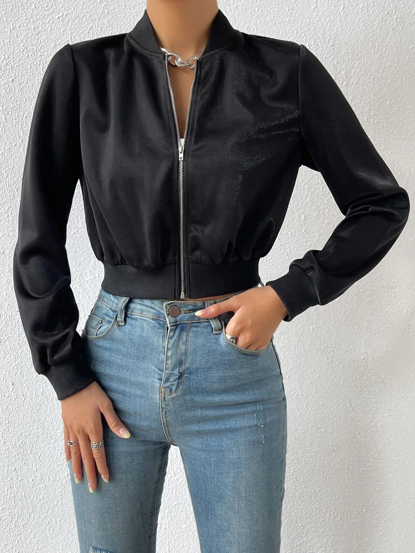 Buy SHEIN EZwear Spring ClothesSolid Zip Up Crop Bomber Jacket in Pakistan