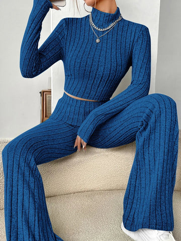 Buy SHEIN EZwear Spring Mock Neck Crop Tee & Flare Leg Pants in Pakistan
