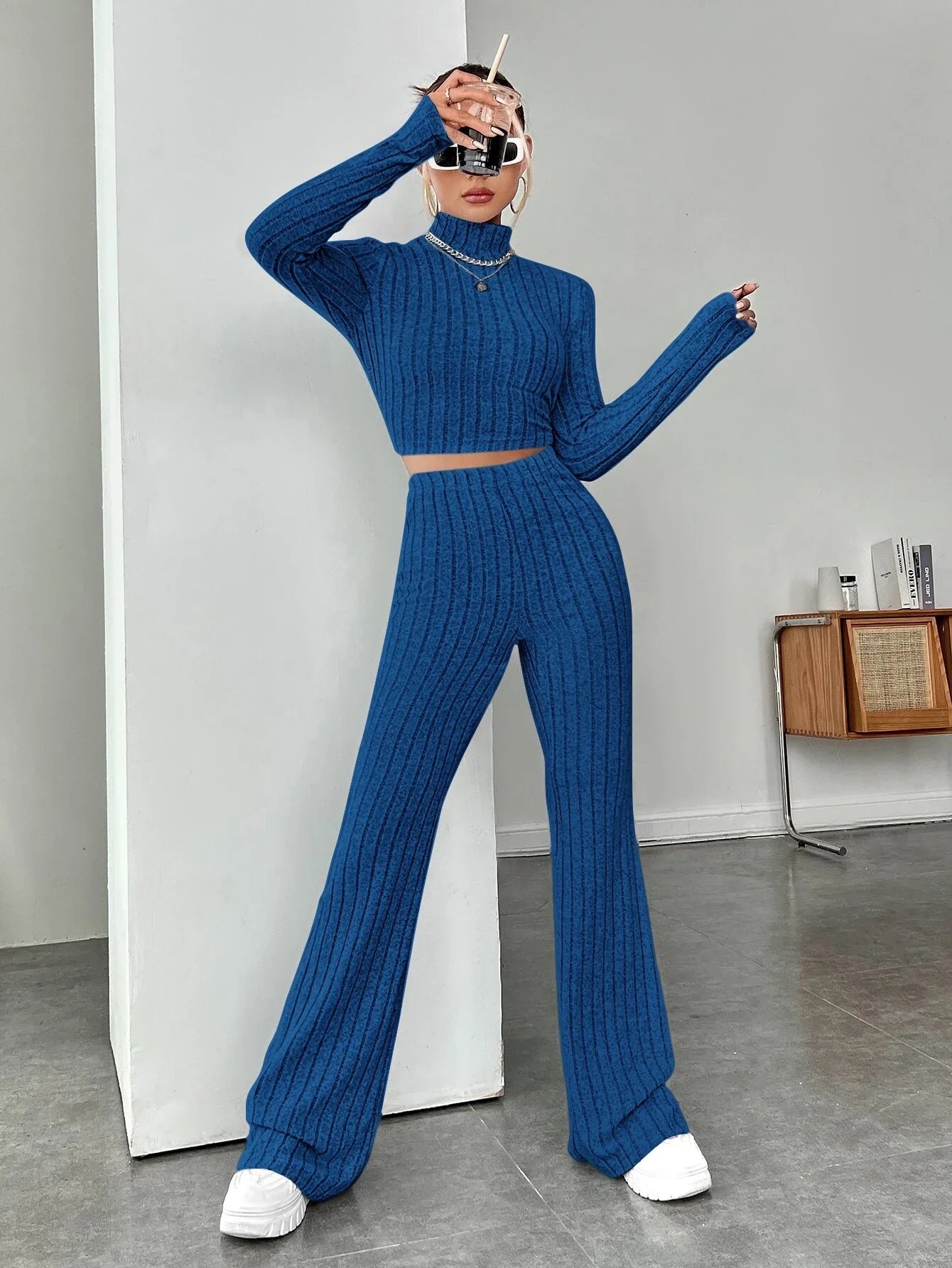 Buy SHEIN EZwear Spring Mock Neck Crop Tee & Flare Leg Pants in Pakistan
