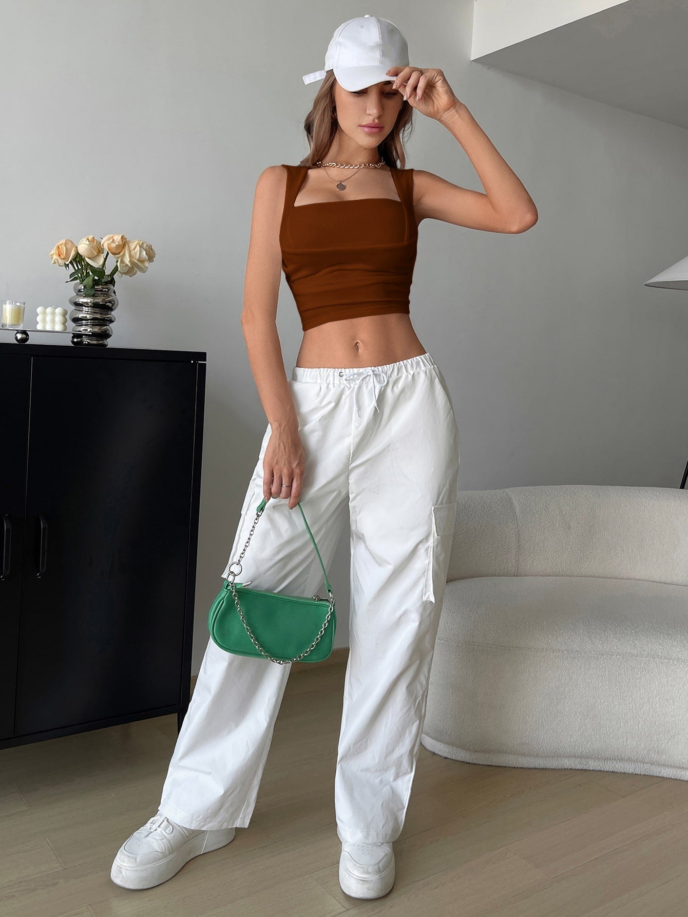Buy SHEIN EZwear Square Neck Ruched Crop Tank Top in Pakistan