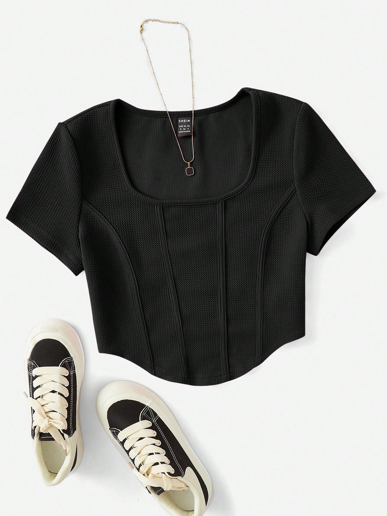 Buy SHEIN EZwear Square Neck Seam Detail Bandana Hem Tee in Pakistan