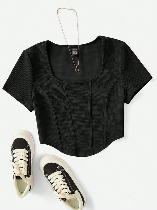 Buy SHEIN EZwear Square Neck Seam Detail Bandana Hem Tee in Pakistan