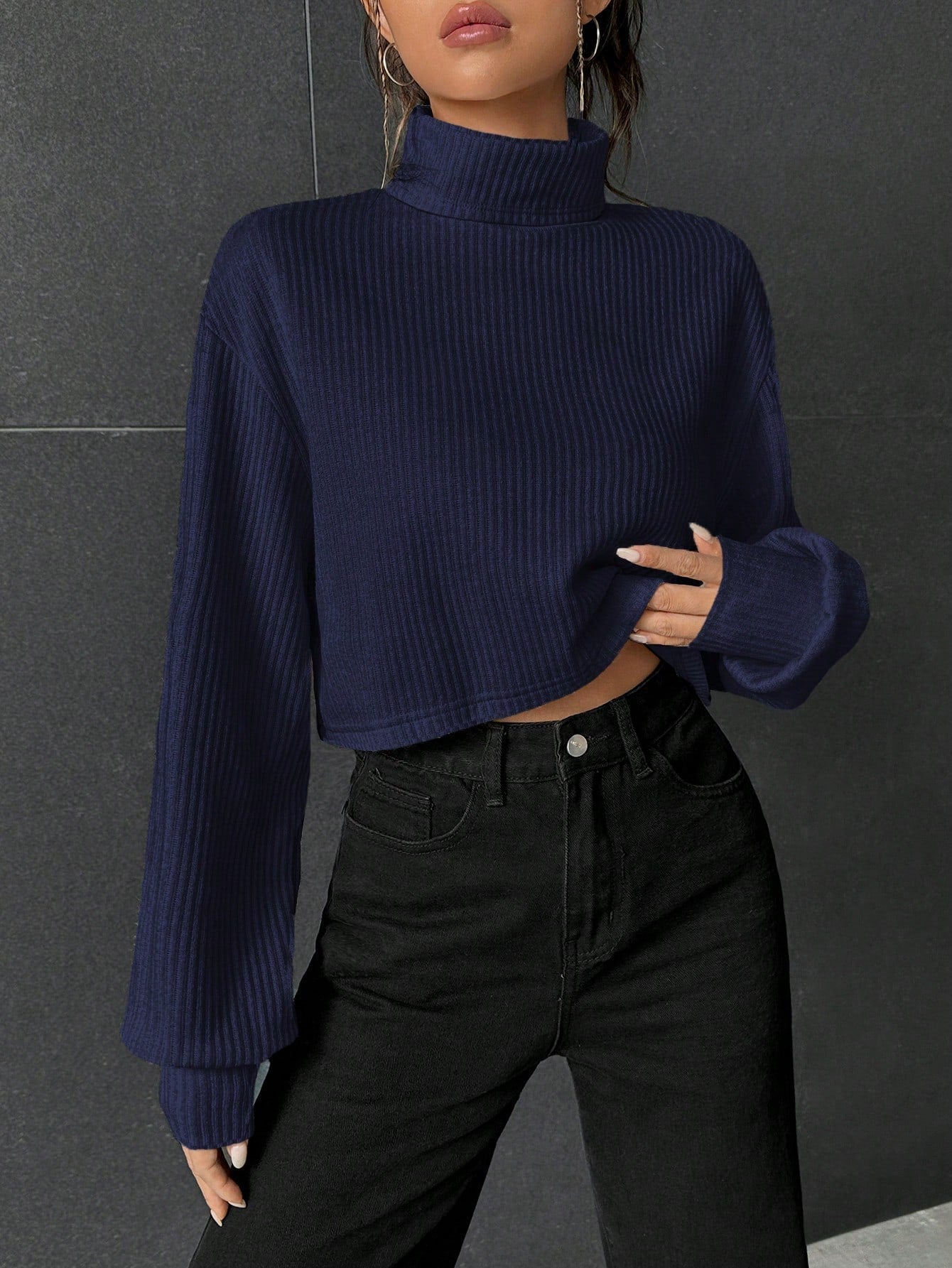Buy SHEIN EZwear Stand Collar Ribbed Knit Women'S T-Shirt in Pakistan