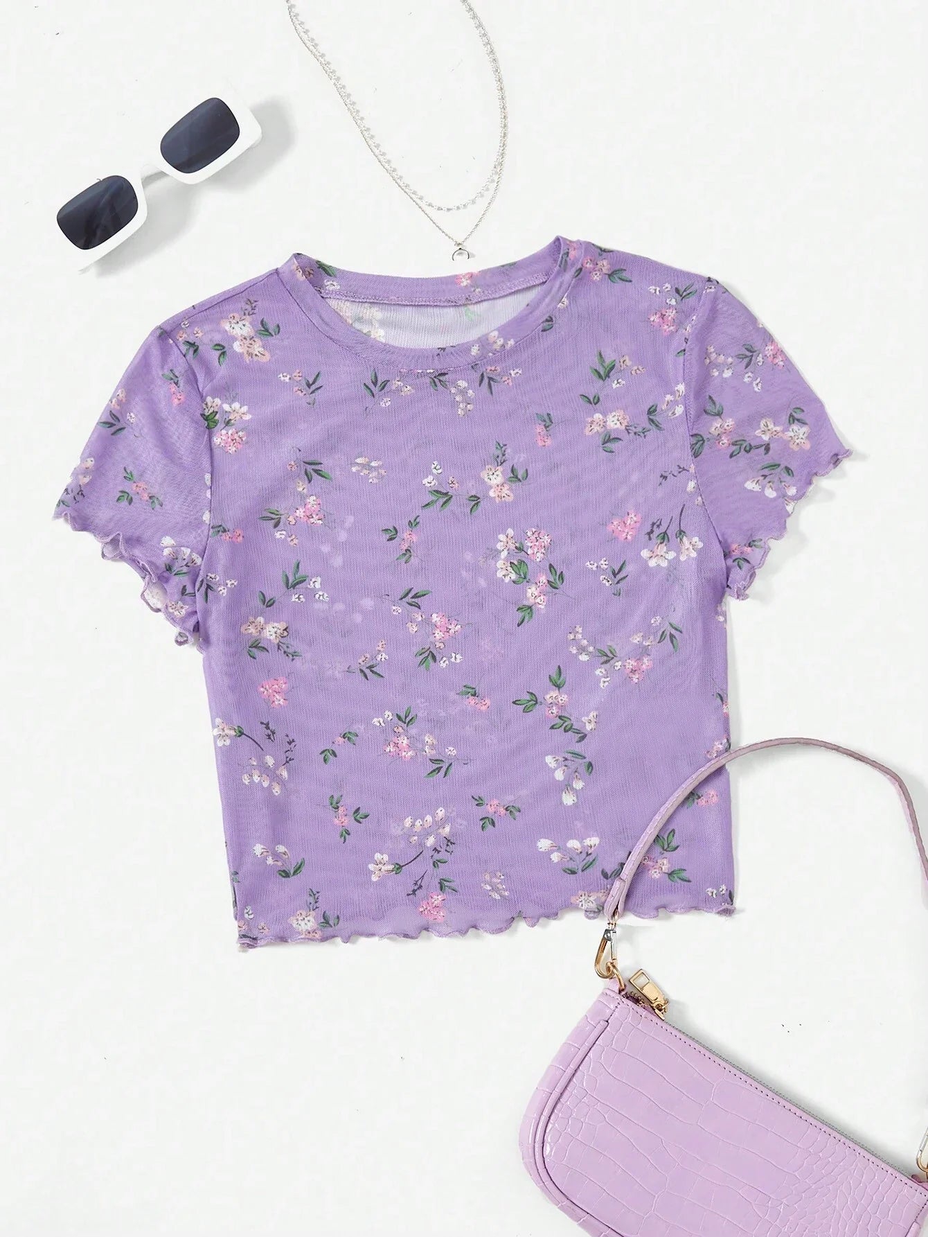 Buy SHEIN EZwear Summer Ditsy Floral Print Lettuce Trim Mesh Top in Pakistan