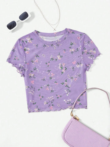 Buy SHEIN EZwear Summer Ditsy Floral Print Lettuce Trim Mesh Top in Pakistan