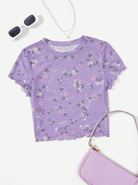 Buy SHEIN EZwear Summer Ditsy Floral Print Lettuce Trim Mesh Top in Pakistan