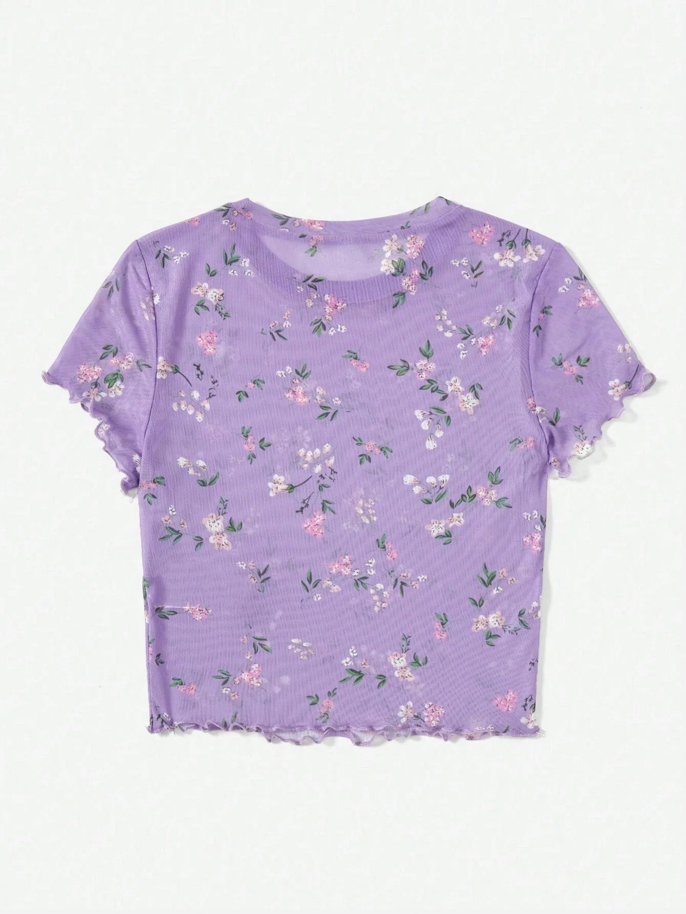 Buy SHEIN EZwear Summer Ditsy Floral Print Lettuce Trim Mesh Top in Pakistan
