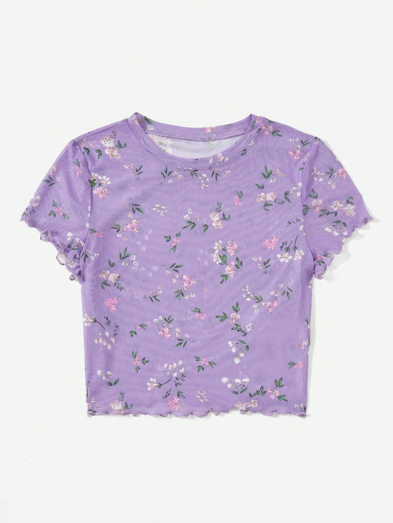 Buy SHEIN EZwear Summer Ditsy Floral Print Lettuce Trim Mesh Top in Pakistan