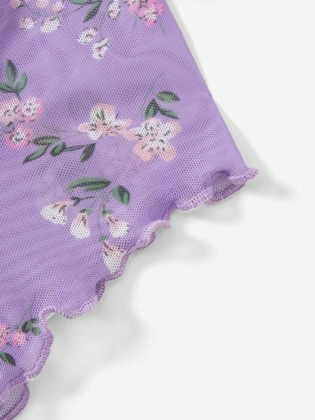 Buy SHEIN EZwear Summer Ditsy Floral Print Lettuce Trim Mesh Top in Pakistan