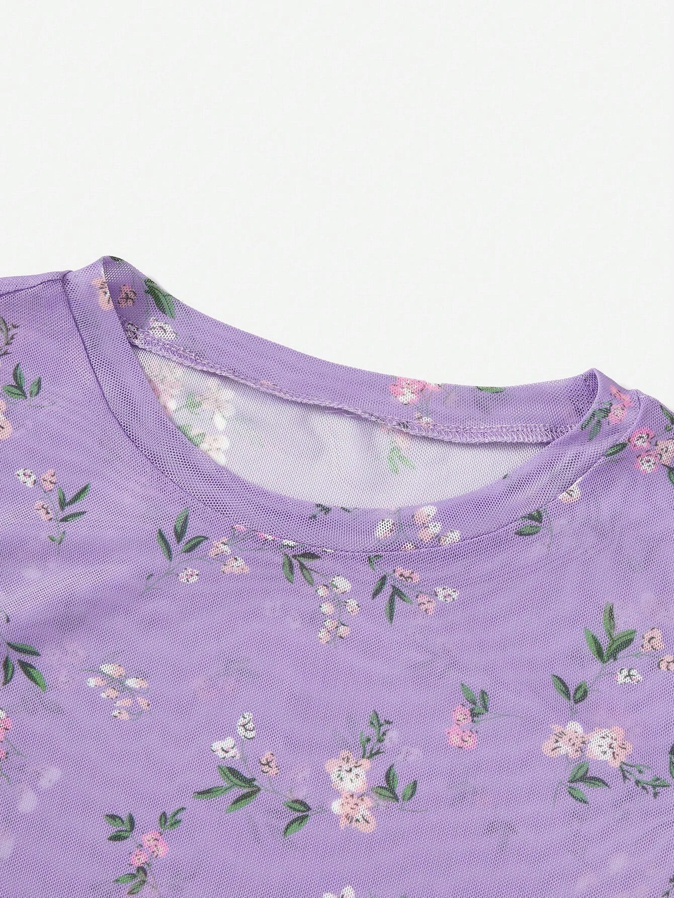 Buy SHEIN EZwear Summer Ditsy Floral Print Lettuce Trim Mesh Top in Pakistan