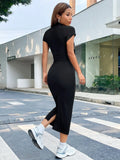 Buy SHEIN EZwear Summer Solid Blcak Mock Neck Short Sleeves Slit Bodycon Dress in Pakistan