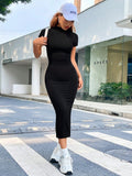 Buy SHEIN EZwear Summer Solid Blcak Mock Neck Short Sleeves Slit Bodycon Dress in Pakistan
