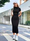 Buy SHEIN EZwear Summer Solid Blcak Mock Neck Short Sleeves Slit Bodycon Dress in Pakistan