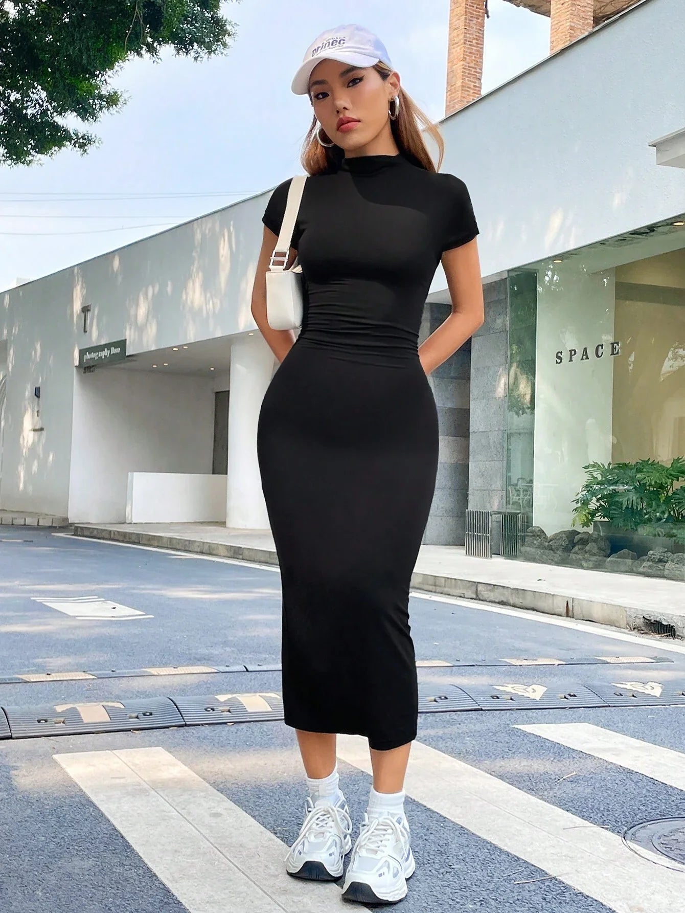 Buy SHEIN EZwear Summer Solid Blcak Mock Neck Short Sleeves Slit Bodycon Dress in Pakistan