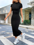 Buy SHEIN EZwear Summer Solid Blcak Mock Neck Short Sleeves Slit Bodycon Dress in Pakistan