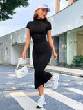 Buy SHEIN EZwear Summer Solid Blcak Mock Neck Short Sleeves Slit Bodycon Dress in Pakistan