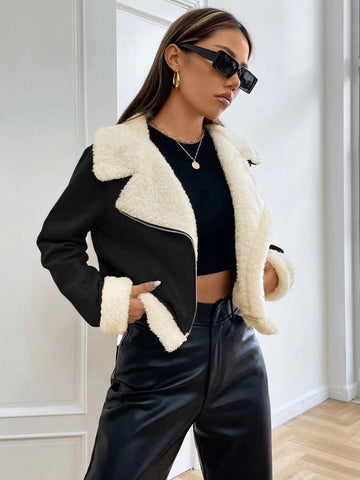 Buy SHEIN EZwear Teddy Lined Open Front Suedette Moto Jacket in Pakistan