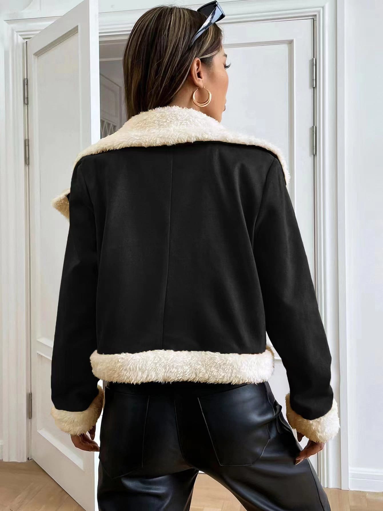 Buy SHEIN EZwear Teddy Lined Open Front Suedette Moto Jacket in Pakistan