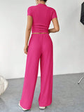 Buy SHEIN EZwear Women Summer Slim Fit Short Sleeve Stand Collar Pleated T-Shirt And Wide-Leg Loose Casual Pants Two-Piece Set in Pakistan