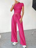 Buy SHEIN EZwear Women Summer Slim Fit Short Sleeve Stand Collar Pleated T-Shirt And Wide-Leg Loose Casual Pants Two-Piece Set in Pakistan